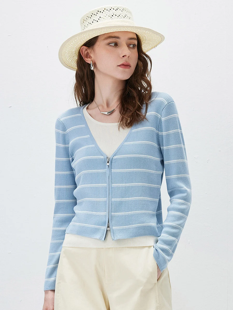 Women's Striped Ribbed Knit Faux  2-in-1 Zip Cardigan - Image 3
