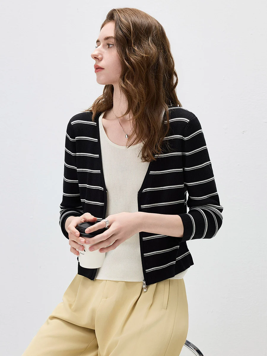 Women's Striped Ribbed Knit Faux  2-in-1 Zip Cardigan - Image 31