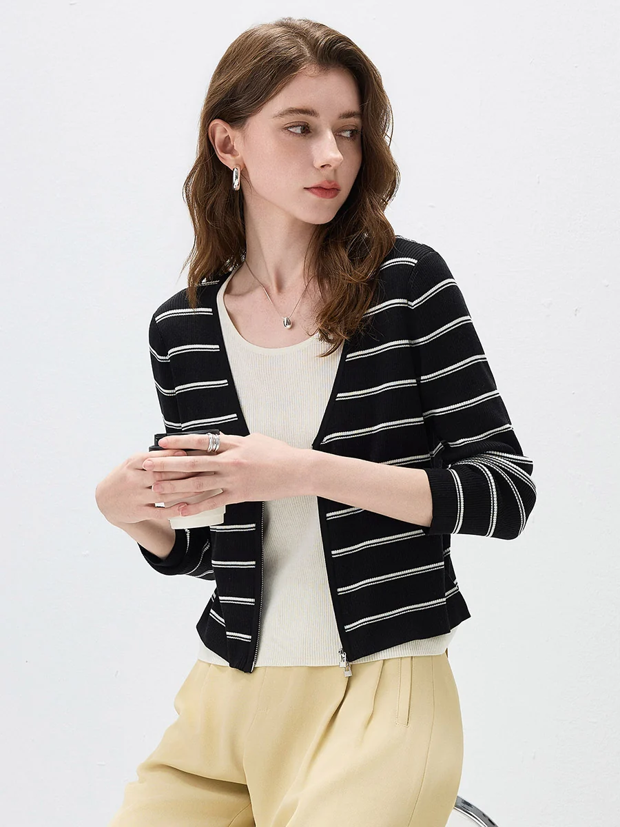 Women's Striped Ribbed Knit Faux  2-in-1 Zip Cardigan - Image 32