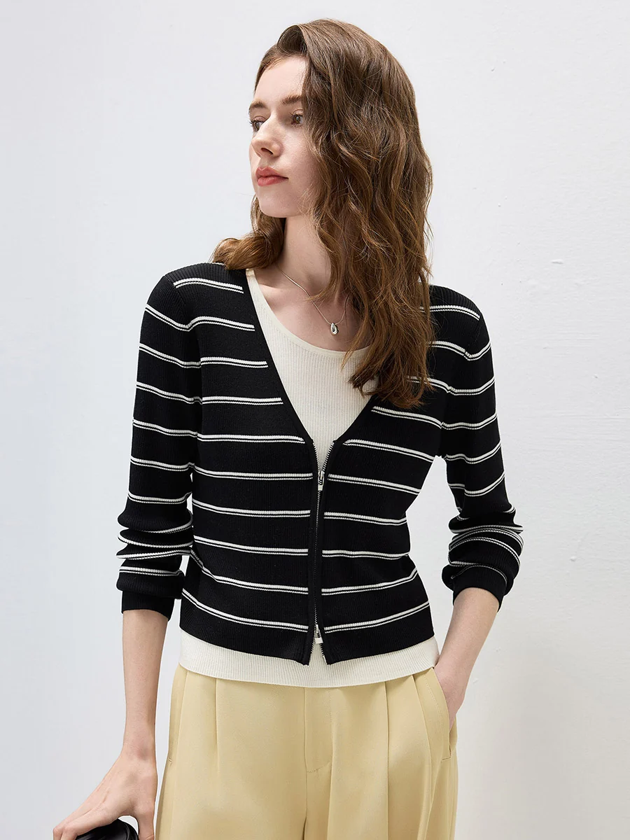 Women's Striped Ribbed Knit Faux  2-in-1 Zip Cardigan - Image 33