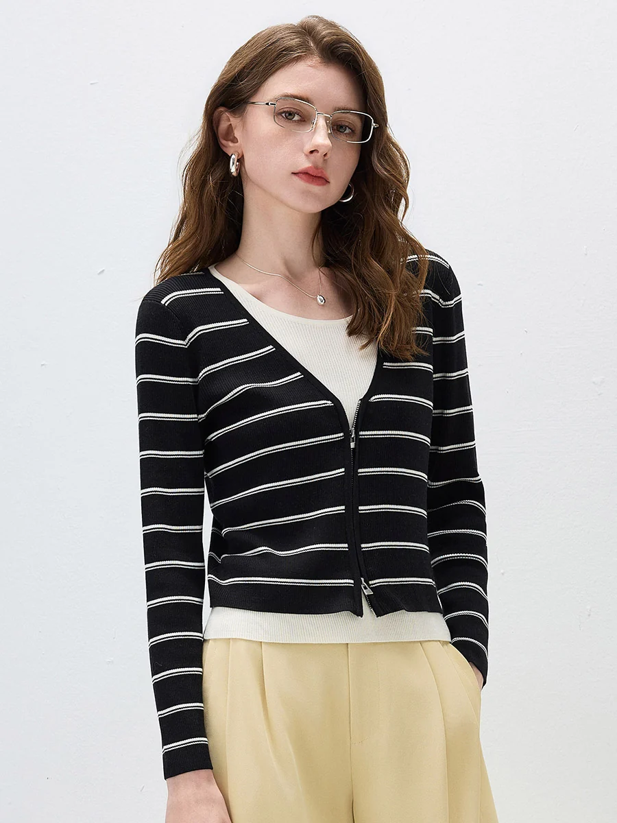 Women's Striped Ribbed Knit Faux  2-in-1 Zip Cardigan - Image 34
