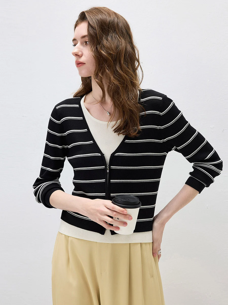 Women's Striped Ribbed Knit Faux  2-in-1 Zip Cardigan - Image 35