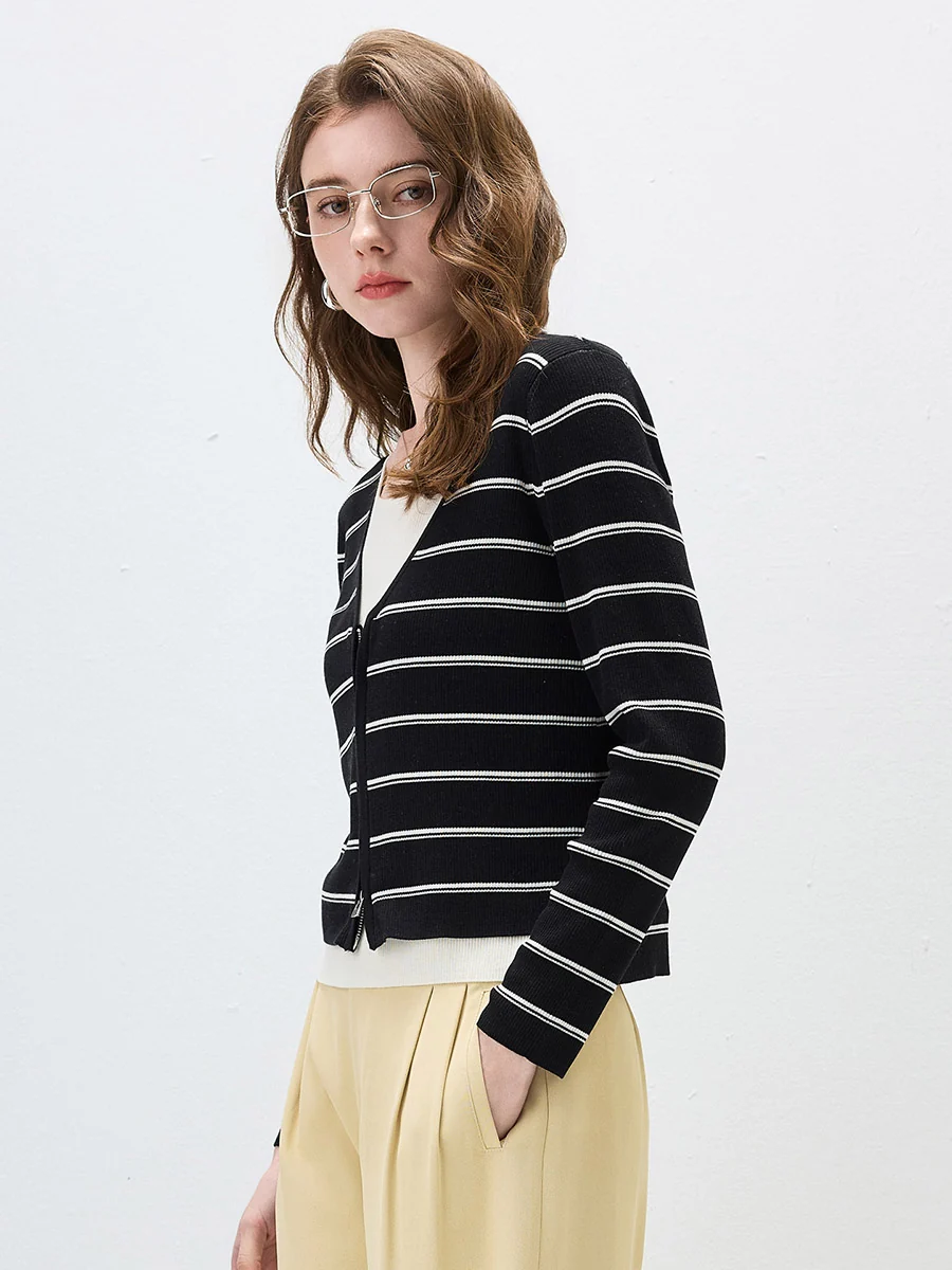 Women's Striped Ribbed Knit Faux  2-in-1 Zip Cardigan - Image 36