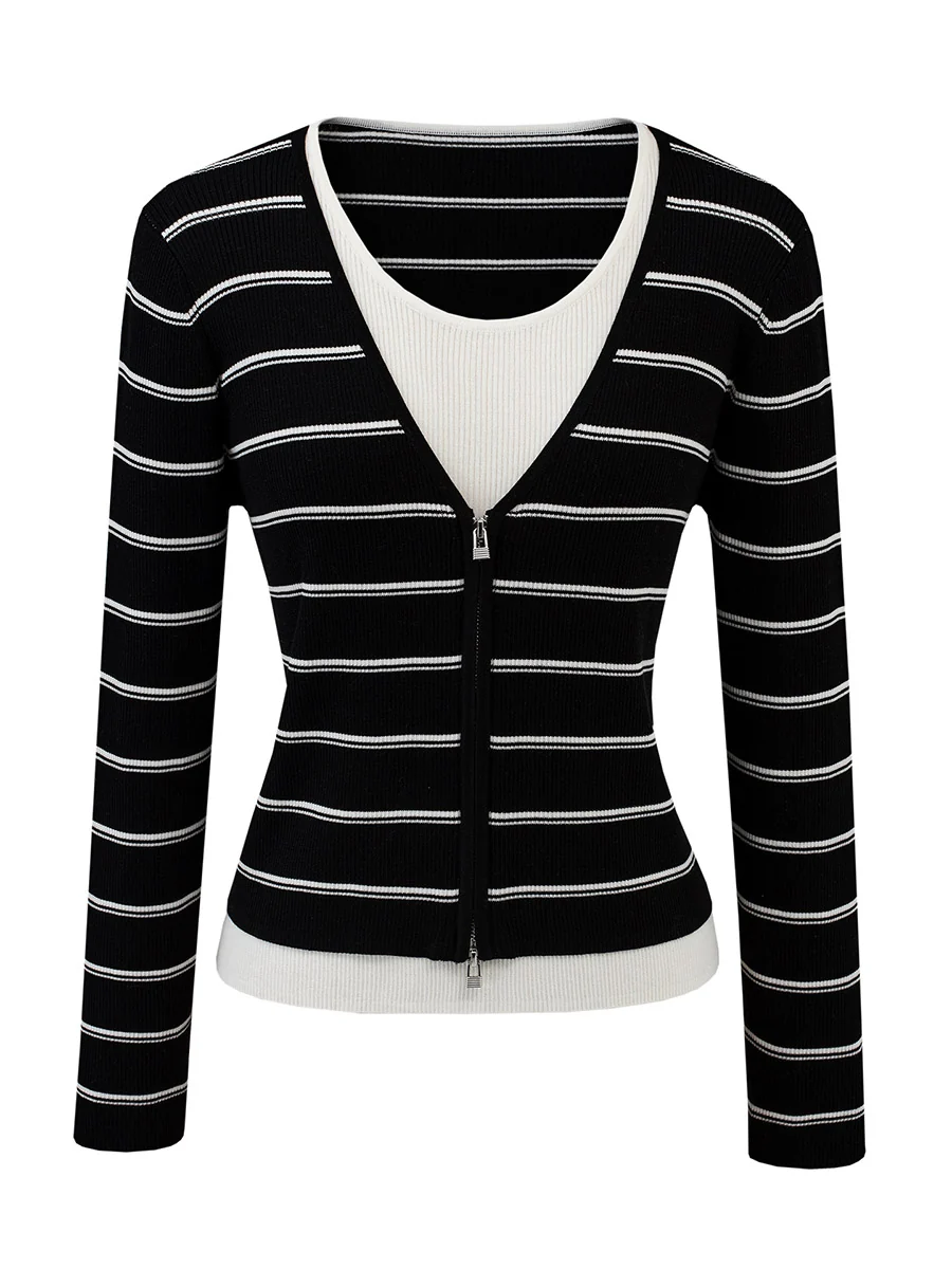 Women's Striped Ribbed Knit Faux  2-in-1 Zip Cardigan - Image 38