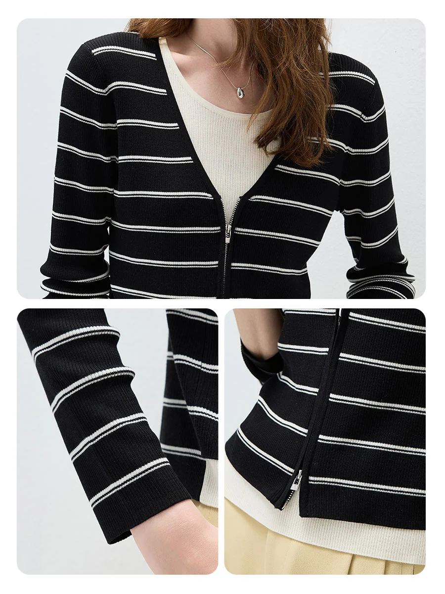 Women's Striped Ribbed Knit Faux  2-in-1 Zip Cardigan - Image 39