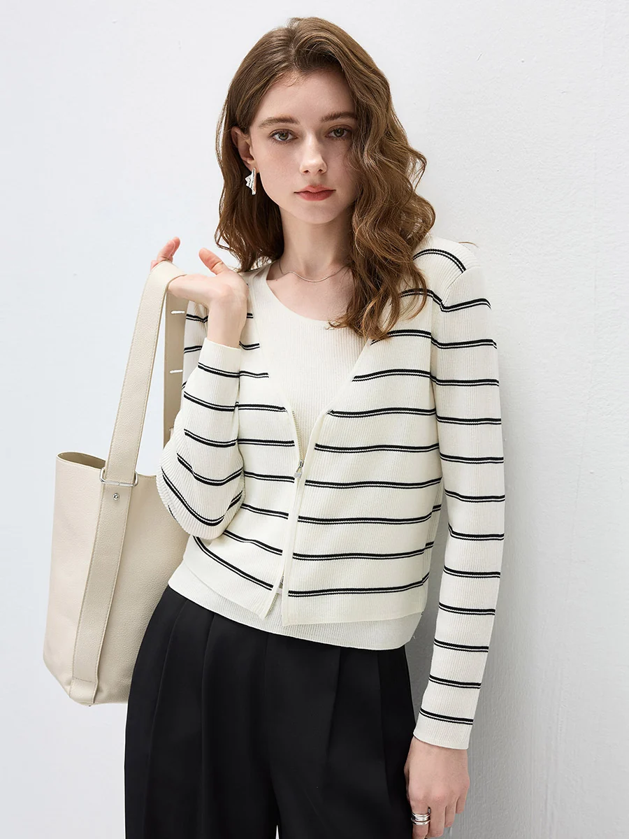 Women's Striped Ribbed Knit Faux  2-in-1 Zip Cardigan - Image 4