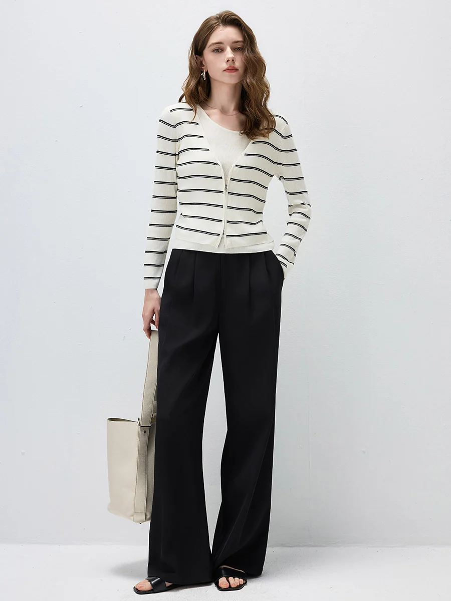 Women's Striped Ribbed Knit Faux  2-in-1 Zip Cardigan - Image 5