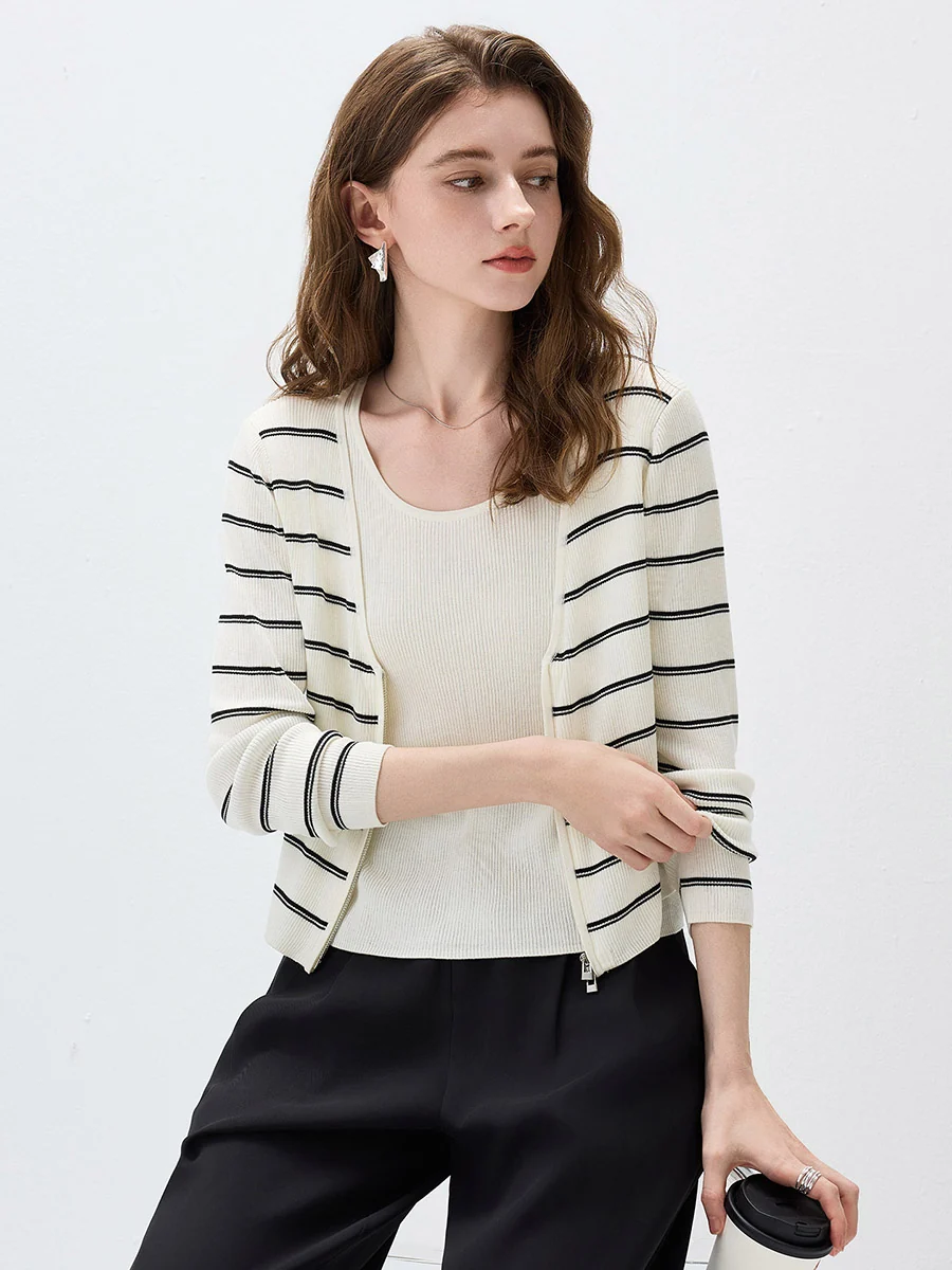 Women's Striped Ribbed Knit Faux  2-in-1 Zip Cardigan - Image 6
