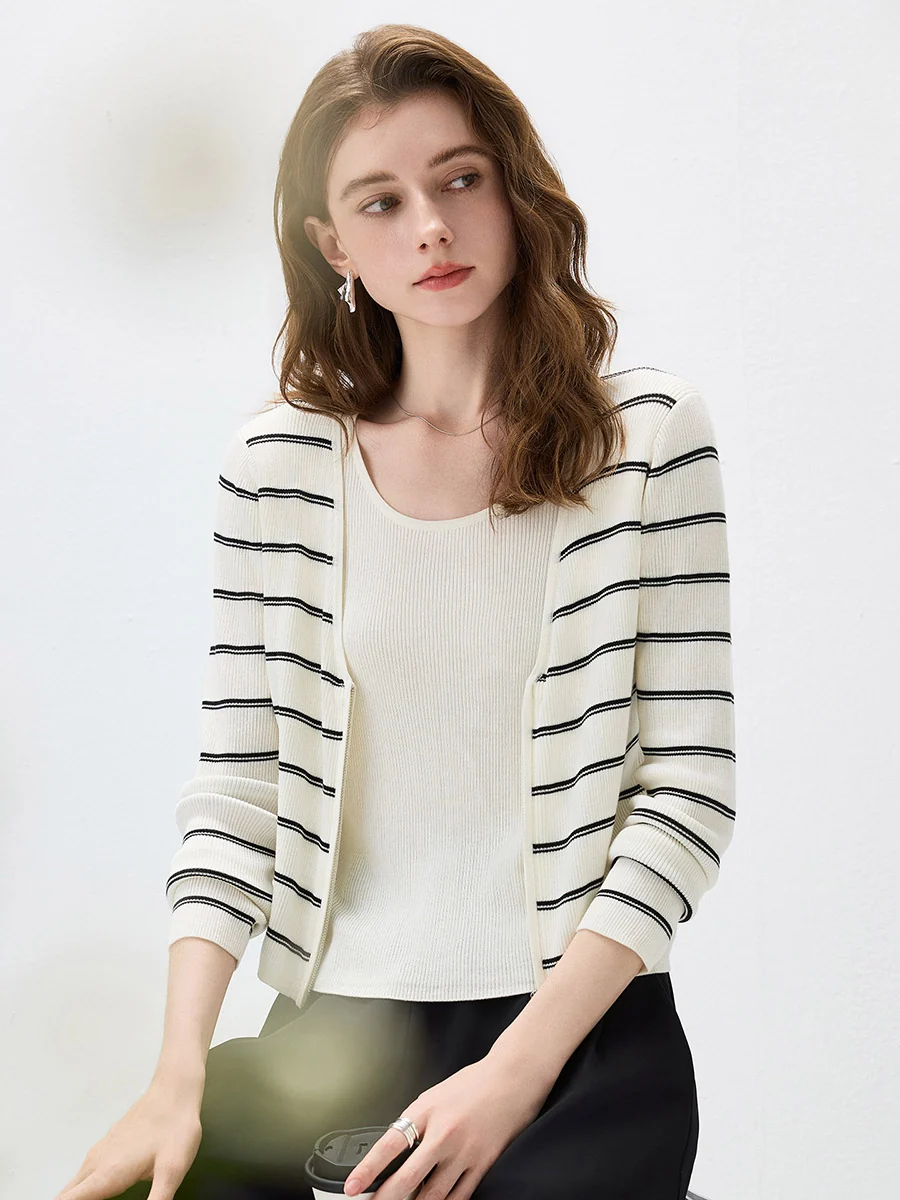 Women's Striped Ribbed Knit Faux  2-in-1 Zip Cardigan - Image 7
