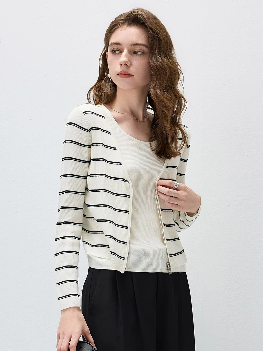 Women's Striped Ribbed Knit Faux  2-in-1 Zip Cardigan - Image 8