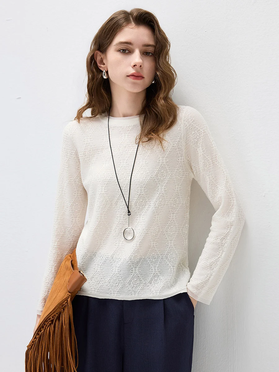 Women's Textured Sheer Knit Round Neck Sweater - Image 17