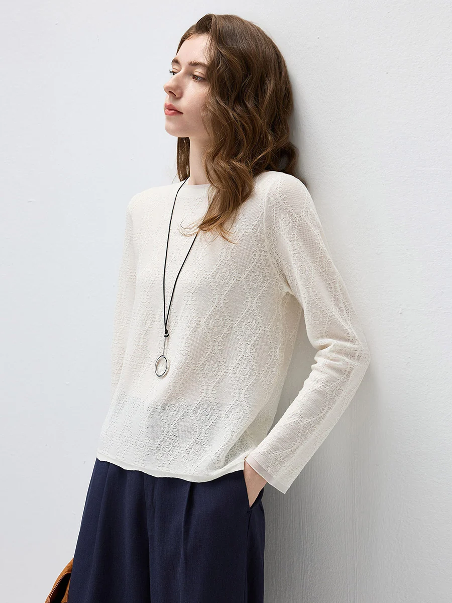 Women's Textured Sheer Knit Round Neck Sweater - Image 18