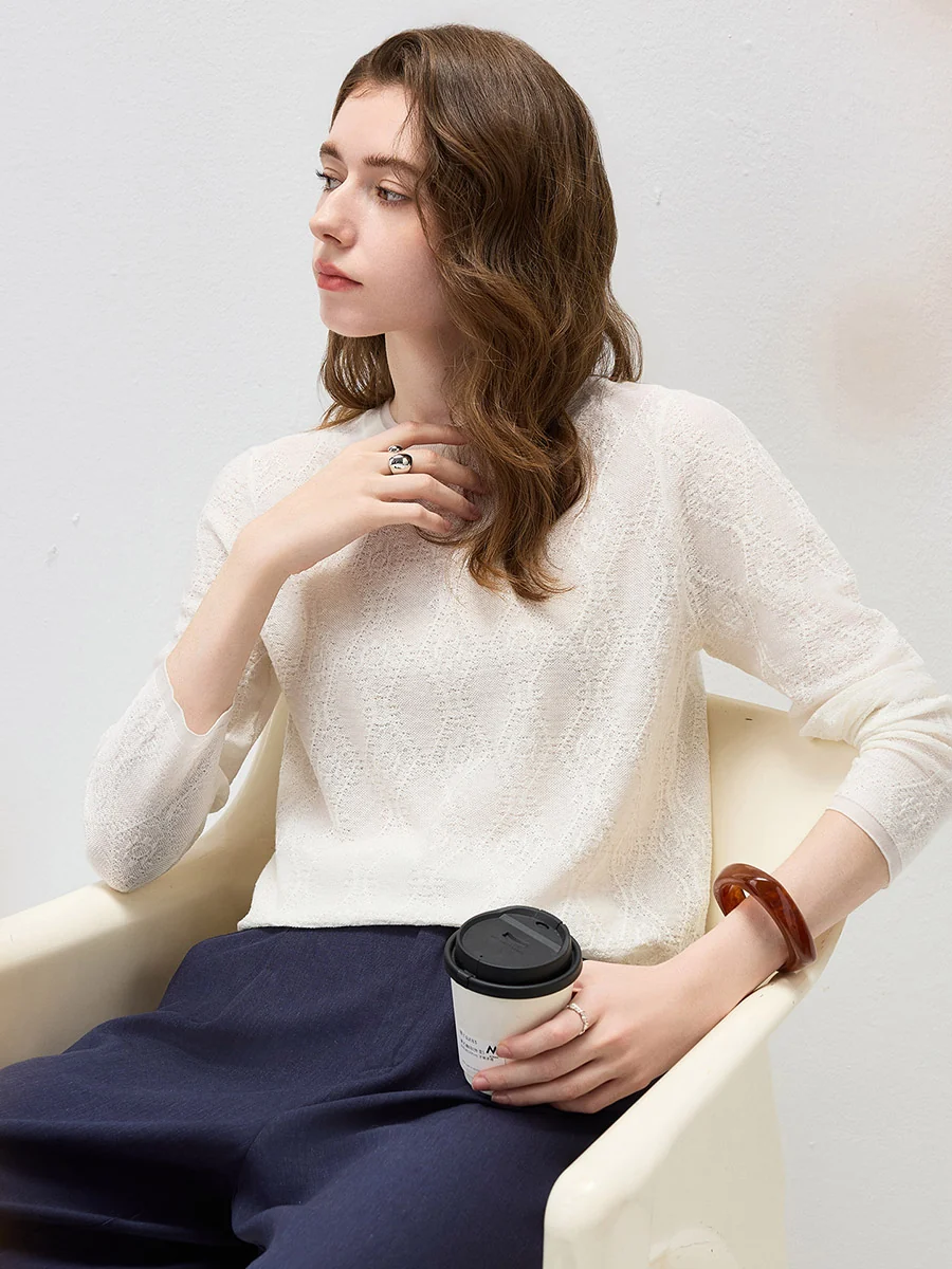 Women's Textured Sheer Knit Round Neck Sweater - Image 19