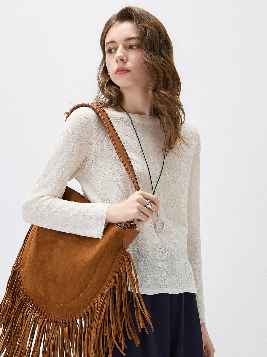 Women's Textured Sheer Knit Round Neck Sweater - Image 20