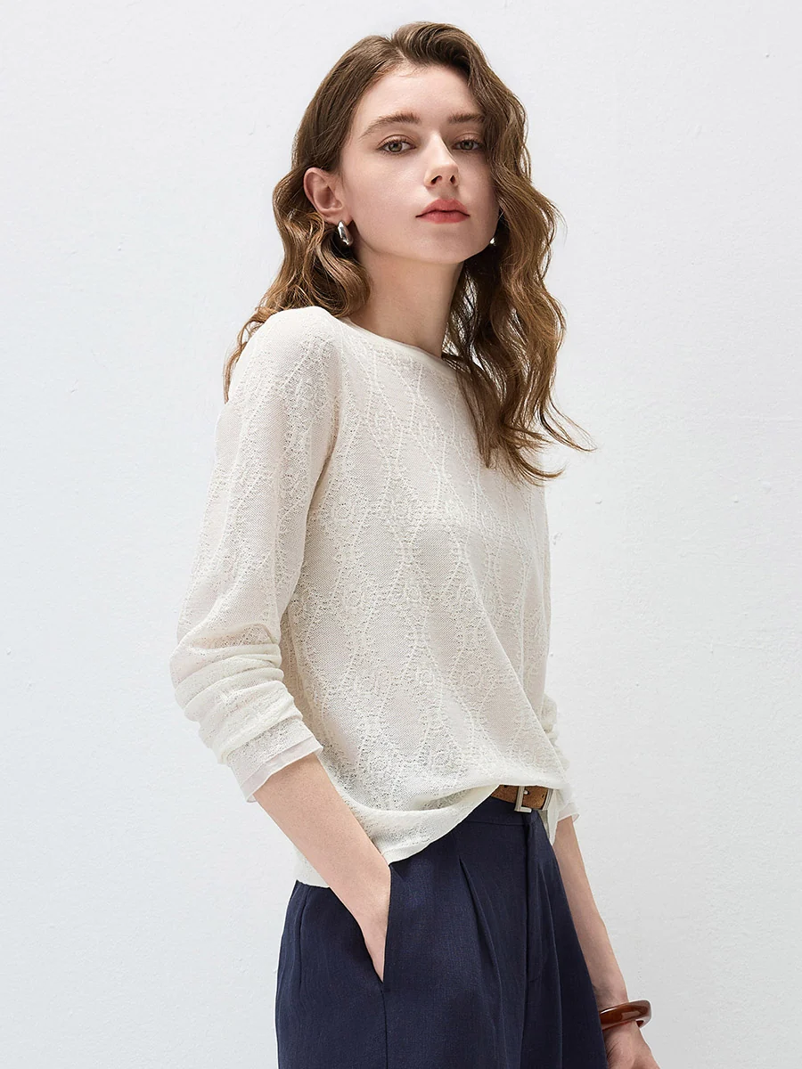 Women's Textured Sheer Knit Round Neck Sweater - Image 21