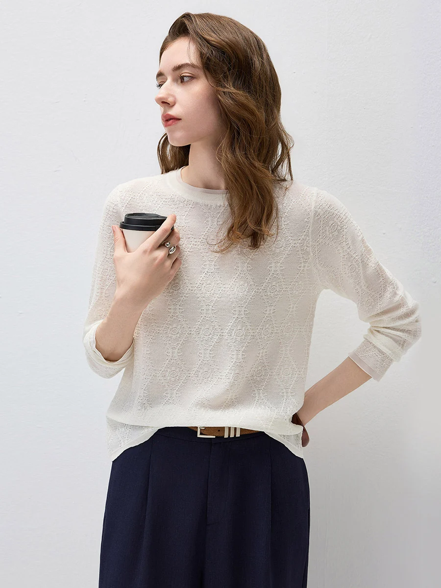 Women's Textured Sheer Knit Round Neck Sweater - Image 22