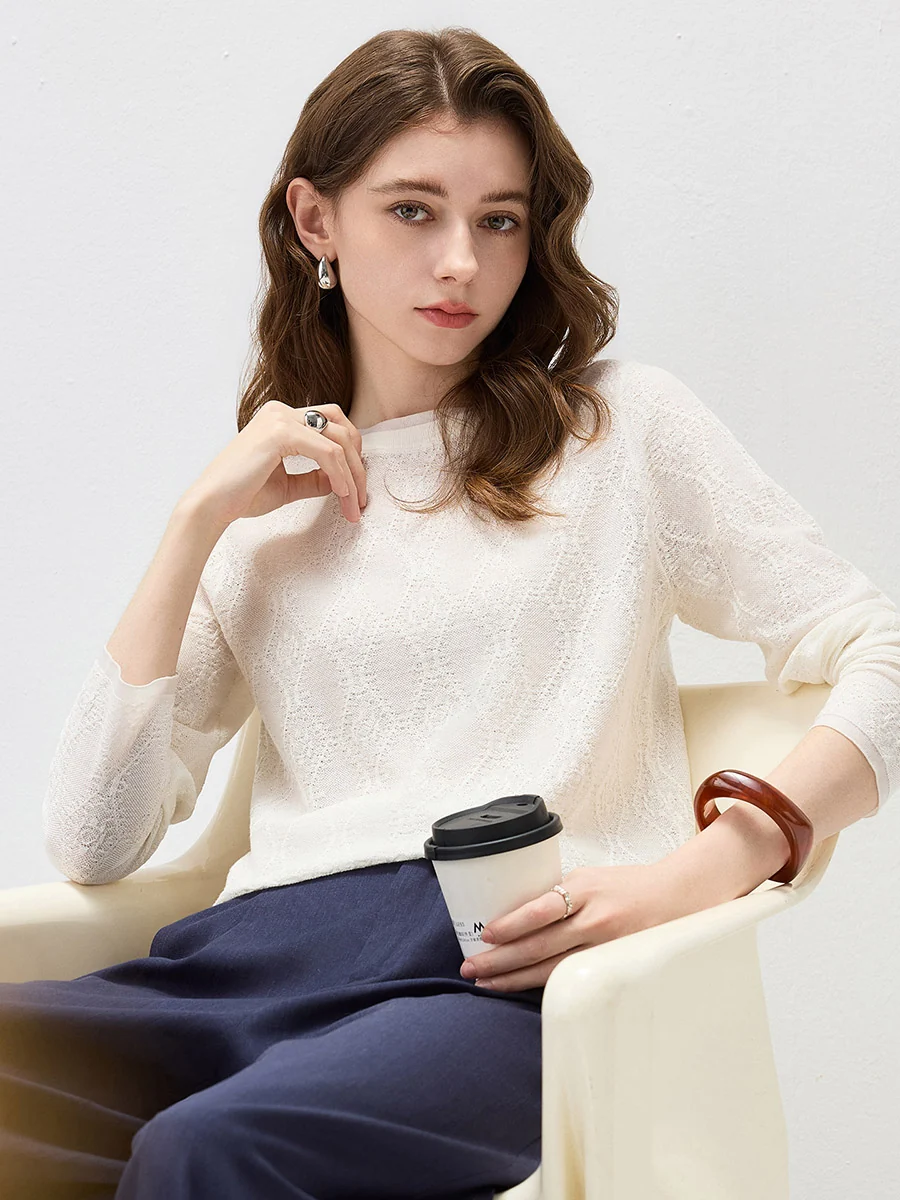 Women's Textured Sheer Knit Round Neck Sweater - Image 23