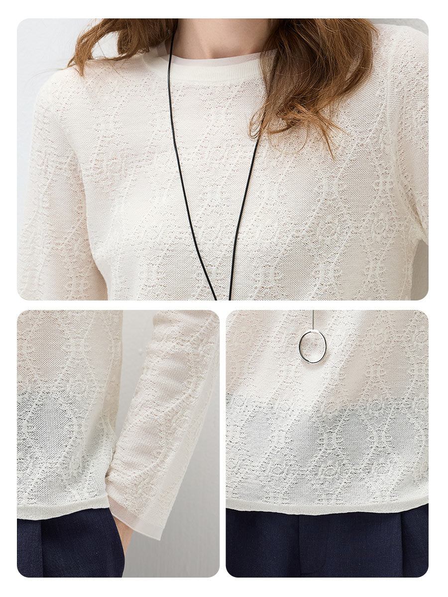 Women's Textured Sheer Knit Round Neck Sweater - Image 26