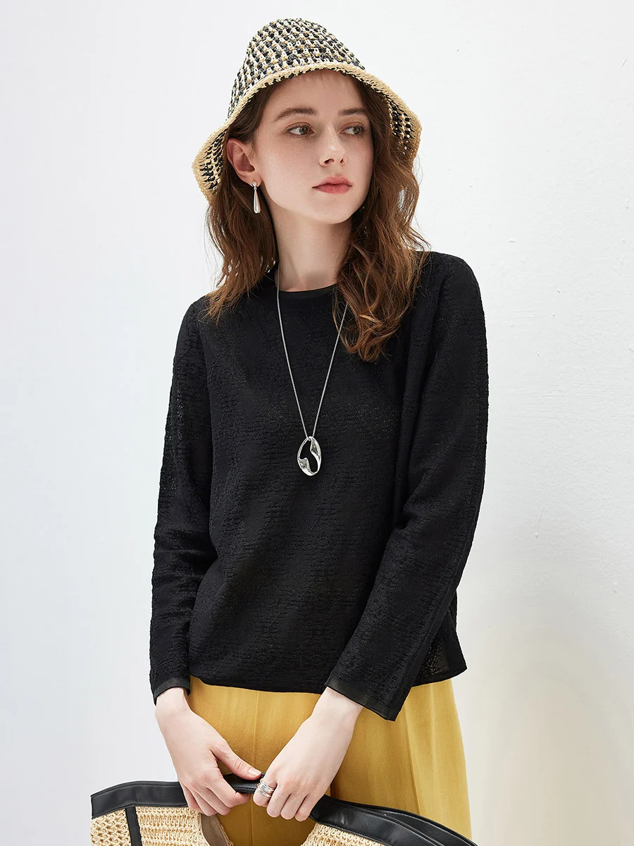 Women's Textured Sheer Knit Round Neck Sweater - Image 4