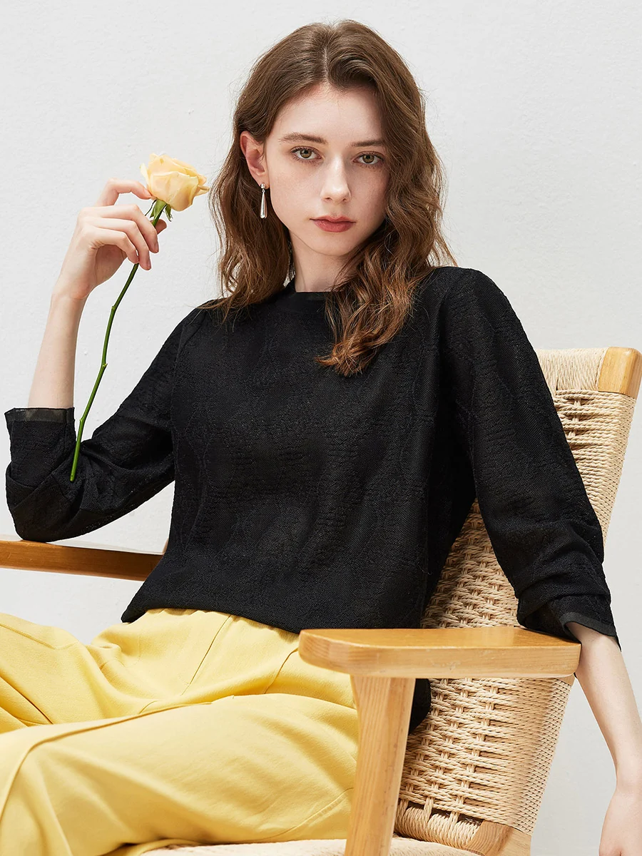 Women's Textured Sheer Knit Round Neck Sweater - Image 5