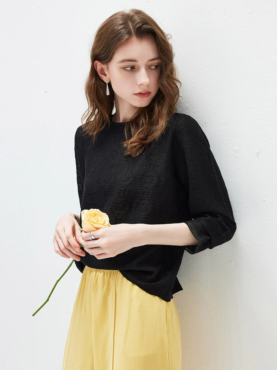 Women's Textured Sheer Knit Round Neck Sweater - Image 6