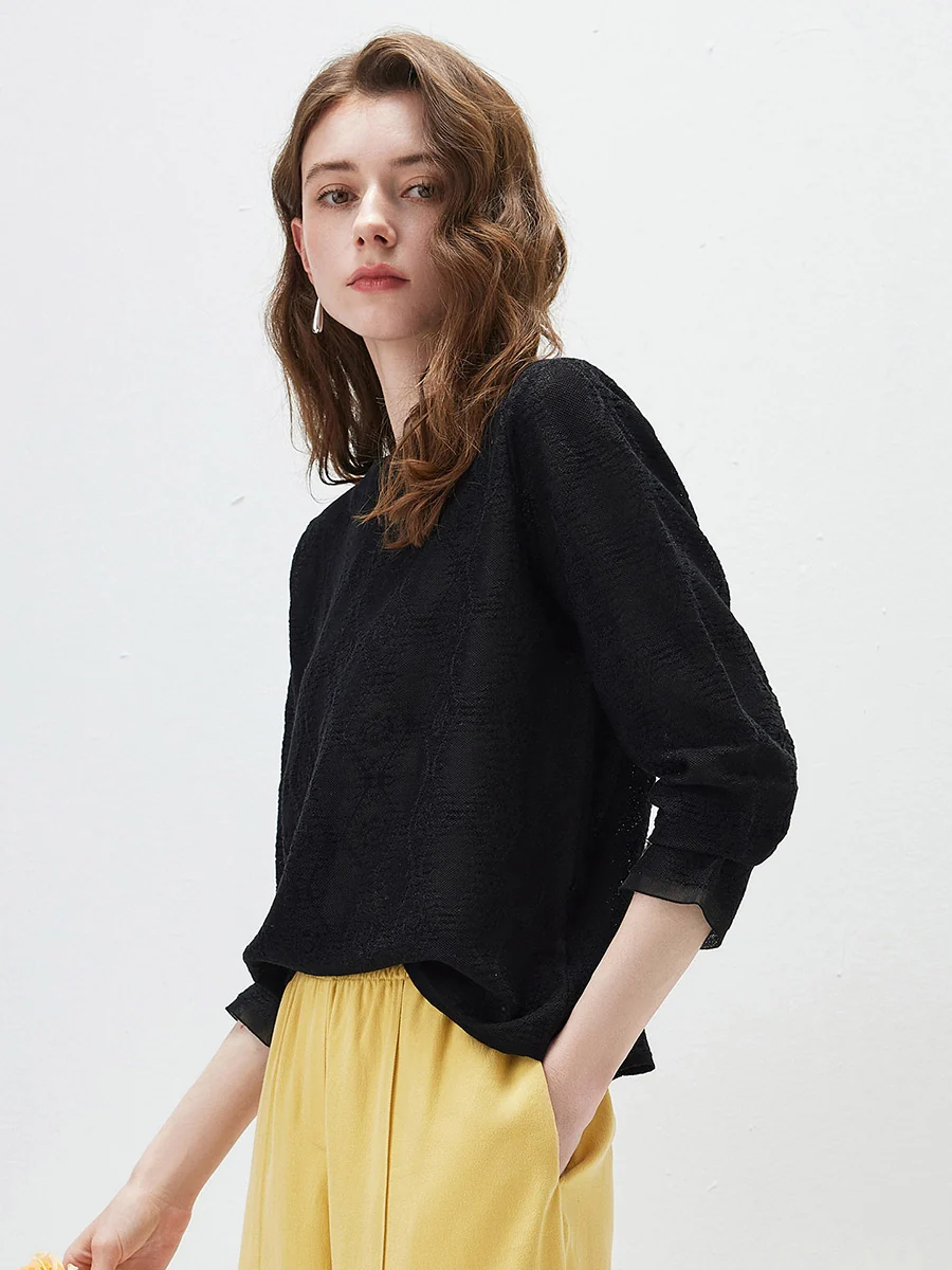 Women's Textured Sheer Knit Round Neck Sweater - Image 7