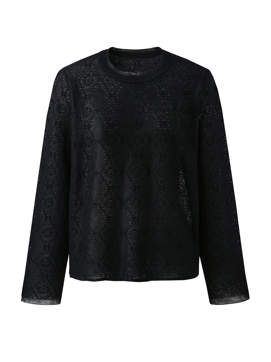 Women's Textured Sheer Knit Round Neck Sweater - Image 9